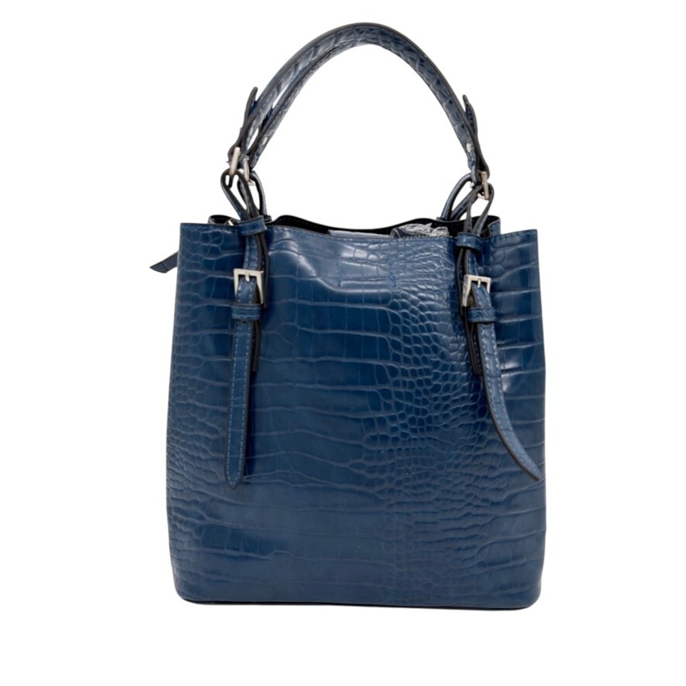 Moda Luxe Blue Croc Embossed Small Structured Tote Faux Leather Zip Top - Picture 2 of 4